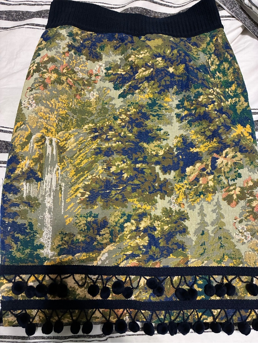 Maeve Botanical Jacquard Mini Skirt in Green, Blue and Yellow with Pom Pom Trim